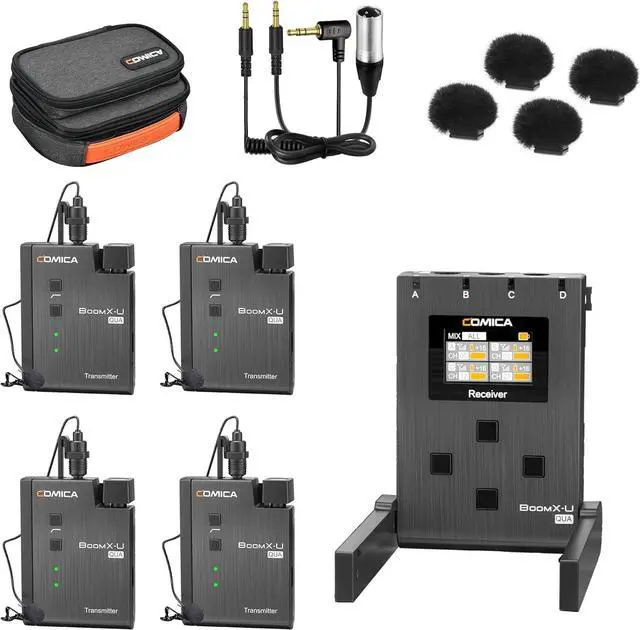 Main image of BoomX-U Qua 4-Channel UHF Wireless Lavalier Lapel Microphone System, 4 Audio Tracks Individual Output, Noise Cancellation, Monitor, 394' Range, Lav Mic for Camera, iPhone, Android, PC, etc