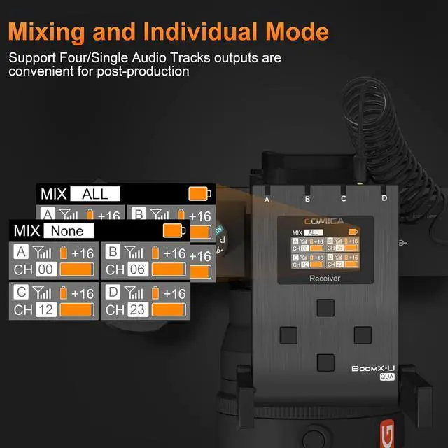 Alt view image 3 of 7 - BoomX-U Qua 4-Channel UHF Wireless Lavalier Lapel Microphone System, 4 Audio Tracks Individual Output, Noise Cancellation, Monitor, 394' Range, Lav Mic for Camera, iPhone, Android, PC, etc