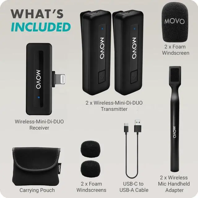 Alt view image 7 of 7 - Movo Wireless Mini DI Duo Dual Ultra Compact Wireless Lavalier Microphones for iPhone with Handheld Adapter - Lapel Mic with Handle Mount for Content Creators, Interviews, Reporting and More