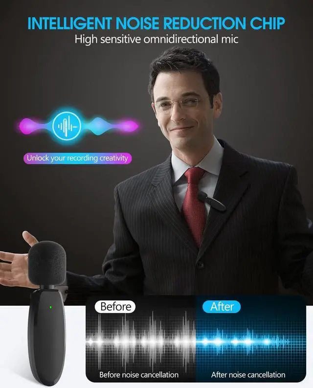 Alt view image 4 of 7 - Wireless Lavalier Lapel Microphone for iPhone, Android, Camera, Mini Professional Wireless Mic Plug-Play 2.4G Ultra Low Delay Built-in Noise Reduction Chip 7H Long Working