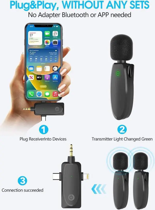 Alt view image 2 of 7 - Wireless Lavalier Lapel Microphone for iPhone, Android, Camera, Mini Professional Wireless Mic Plug-Play 2.4G Ultra Low Delay Built-in Noise Reduction Chip 7H Long Working