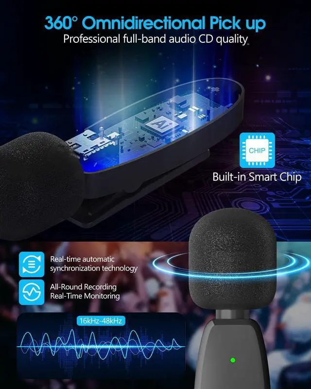 Alt view image 5 of 7 - Wireless Lavalier Lapel Microphone for iPhone, Android, Camera, Mini Professional Wireless Mic Plug-Play 2.4G Ultra Low Delay Built-in Noise Reduction Chip 7H Long Working