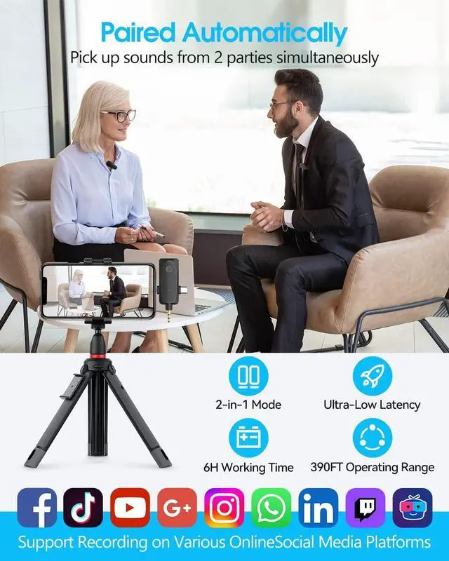 Alt view image 3 of 7 - Wireless Lavalier Lapel Microphone for iPhone, Android, Camera, Mini Professional Wireless Mic Plug-Play 2.4G Ultra Low Delay Built-in Noise Reduction Chip 7H Long Working