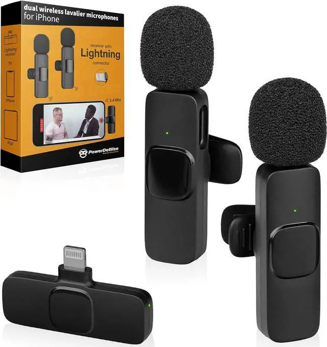 Main image of PowerDeWise Wireless Lavalier Microphones for iPhone - Noise Cancelling, Plug & Play - Pack of 2