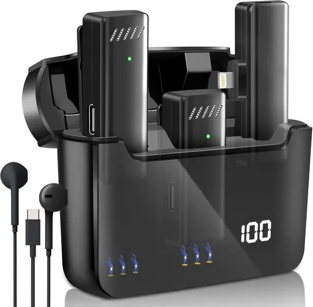 Main image of Wireless Lavalier Microphone for iPhone iPad, Wireless Lavalier Microphones for TikTok YouTube Phone Interview Video Vlog Recording - 2 Pack & Cordless Charging Case