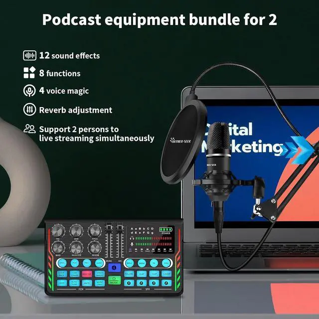 Alt view image 5 of 7 - Podcast Equipment Bundle for 2, DJ Mixer with 3.5mm Diaphragm Condenser Microphone for Live Streaming, Podcast Recording,Gaming, Youtube, TikTok, PC, Smartphone