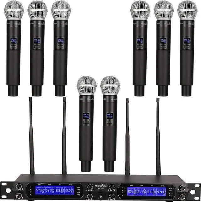 Main image of MicrocKing 8-Channel UHF Wireless Microphone System, 8 Mics, 400ft Range | Ideal for karaoke, church, conference & events. 8 dynamic metal handheld mics, 400ft range. Auto connect for easy setup.