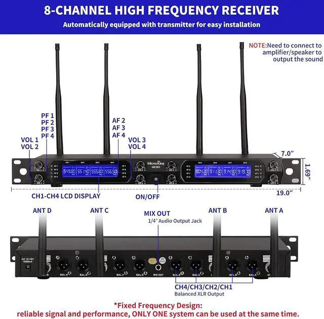 Alt view image 3 of 6 - MicrocKing 8-Channel UHF Wireless Microphone System, 8 Mics, 400ft Range | Ideal for karaoke, church, conference & events. 8 dynamic metal handheld mics, 400ft range. Auto connect for easy setup.