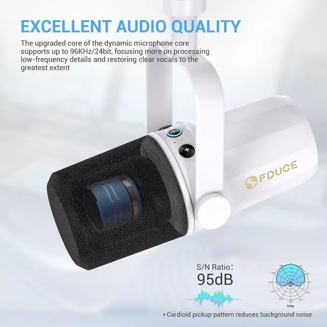Alt view image 4 of 6 - FDUCE SL40 Dynamic Microphone for Podcasting, Gaming, Live Streaming & Recording, Built-in Headphone Output, LED Mute Button, All Metal USB/XLR, Voice-Isolating TechnologyWhite