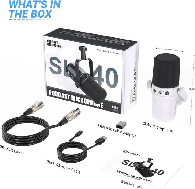 Alt view image 6 of 6 - FDUCE SL40 Dynamic Microphone for Podcasting, Gaming, Live Streaming & Recording, Built-in Headphone Output, LED Mute Button, All Metal USB/XLR, Voice-Isolating TechnologyWhite