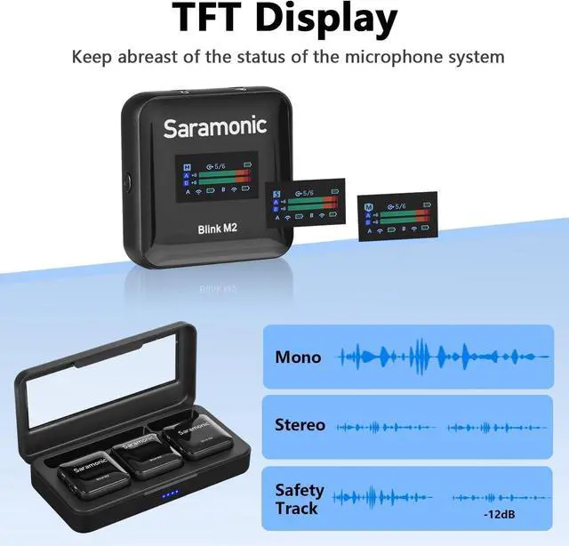 Alt view image 4 of 7 - Saramonic Blink M2 Wireless Lavalier Microphone for Cameras, Onboard Recording, 656FT Range, 12H Battery Life, Noise Cancellation Compact Clip Lapel Mic for Video Recording Interview Live Streaming