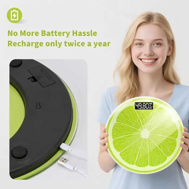 Alt view image 4 of 7 - Bathroom Scale for Body Weight,Rechargeable,Up to 400 lb Capacity, No Batteries Required, Unique Lime Slice Design, Large LED Display with Temperature, Auto-On/Off, 12"x12" Body Weight Scale