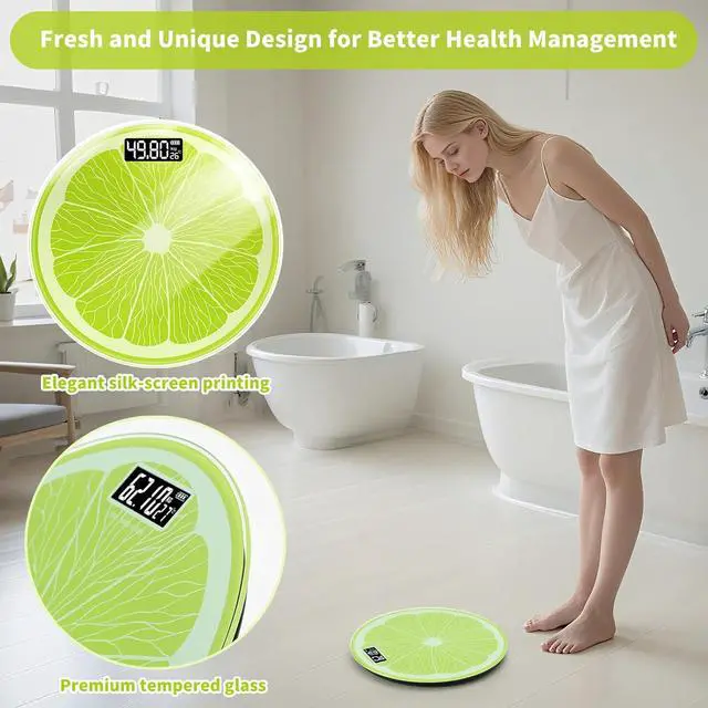 Alt view image 3 of 7 - Bathroom Scale for Body Weight,Rechargeable,Up to 400 lb Capacity, No Batteries Required, Unique Lime Slice Design, Large LED Display with Temperature, Auto-On/Off, 12"x12" Body Weight Scale