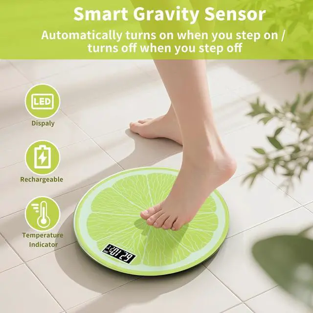 Alt view image 6 of 7 - Bathroom Scale for Body Weight,Rechargeable,Up to 400 lb Capacity, No Batteries Required, Unique Lime Slice Design, Large LED Display with Temperature, Auto-On/Off, 12"x12" Body Weight Scale