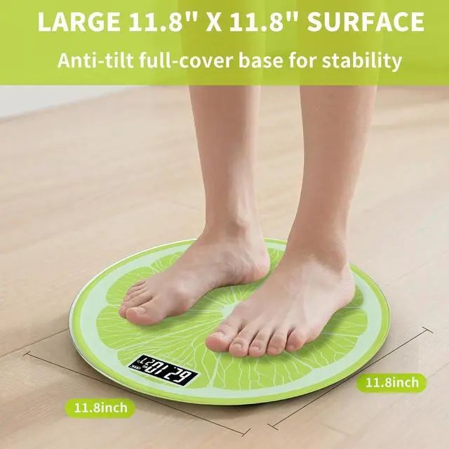 Alt view image 5 of 7 - Bathroom Scale for Body Weight,Rechargeable,Up to 400 lb Capacity, No Batteries Required, Unique Lime Slice Design, Large LED Display with Temperature, Auto-On/Off, 12"x12" Body Weight Scale