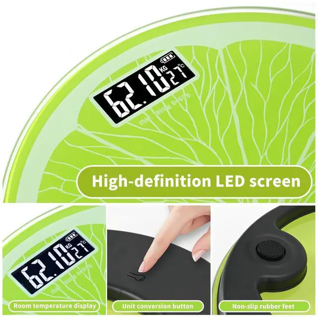 Alt view image 7 of 7 - Bathroom Scale for Body Weight,Rechargeable,Up to 400 lb Capacity, No Batteries Required, Unique Lime Slice Design, Large LED Display with Temperature, Auto-On/Off, 12"x12" Body Weight Scale