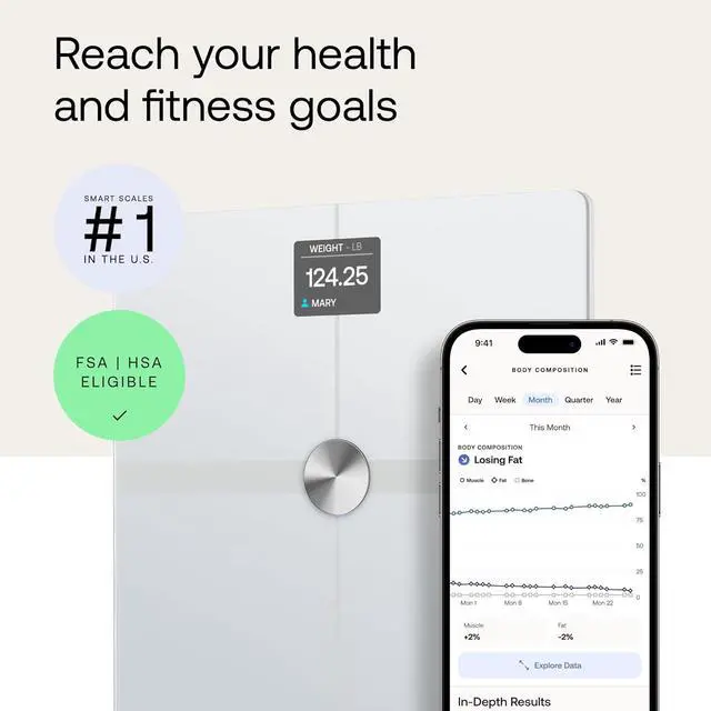 Alt view image 2 of 5 - WITHINGS Body Smart - Accurate Scale for Body Weight and Fat Percentage, Body Composition Wi-Fi and Bluetooth Weight Scale, Baby Weight Scale, Smart Scale Apple Health Compatible, Bathroom Scale