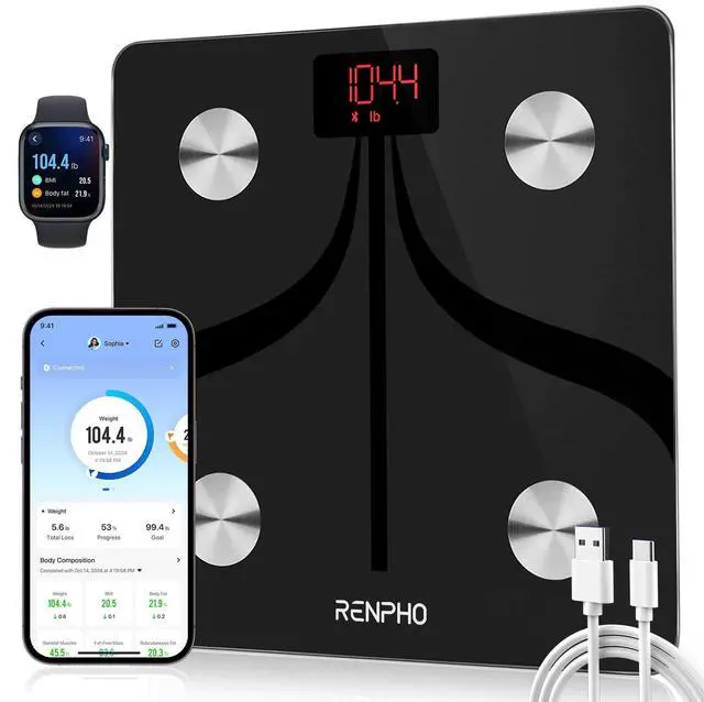 Main image of RENPHO Smart Scale for Body Weight, USB-C Rechargeable Digital Bathroom Scale, Electronic 13 Body Composition Monitor with Smartphone App, 396 lbs, Black, Elis 1 (11 inch)