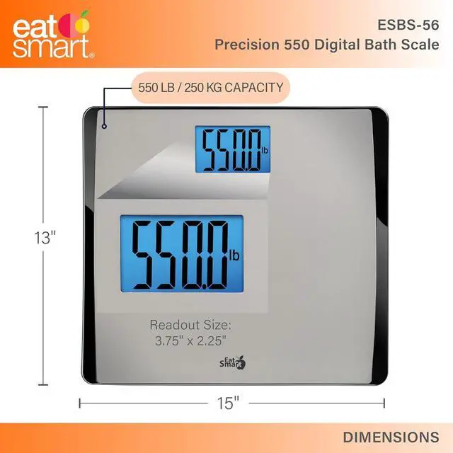 Alt view image 2 of 6 - Eat Smart Precision 550 Pound Extra-High Capacity Digital Bathroom Scale for Body Weight with Extra-Wide Platform, Stainless Steel