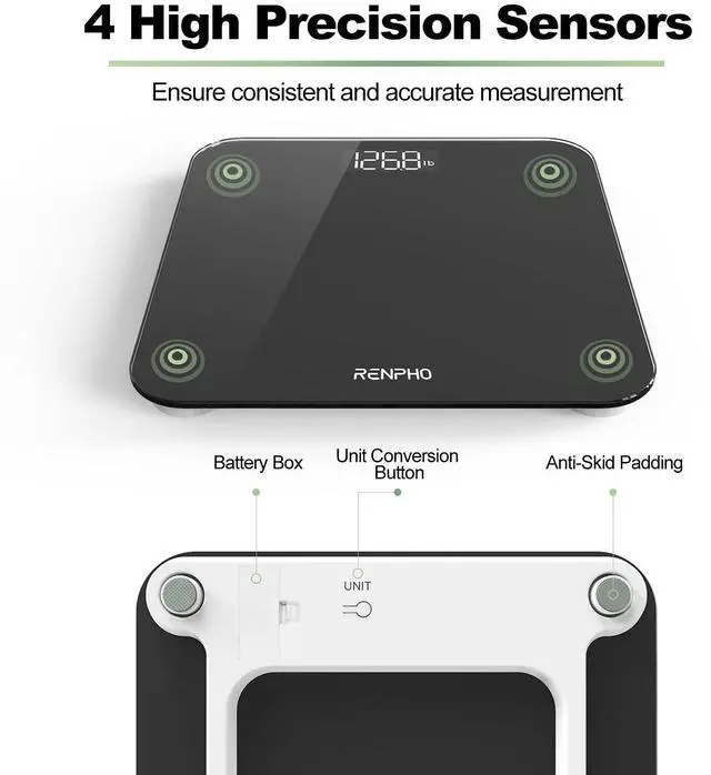 Alt view image 4 of 7 - RENPHO Scale for Body Weight, Digital Bathroom Scale with Backlit LED Display, Highly Accurate & Measures Weight up to 400 lb/180kg, Batteries Included, Black-Core 1S