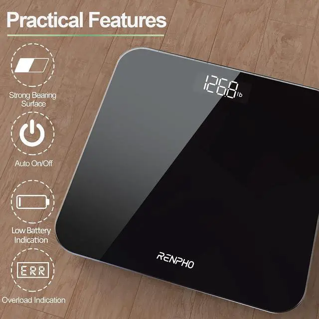 Alt view image 2 of 7 - RENPHO Scale for Body Weight, Digital Bathroom Scale with Backlit LED Display, Highly Accurate & Measures Weight up to 400 lb/180kg, Batteries Included, Black-Core 1S