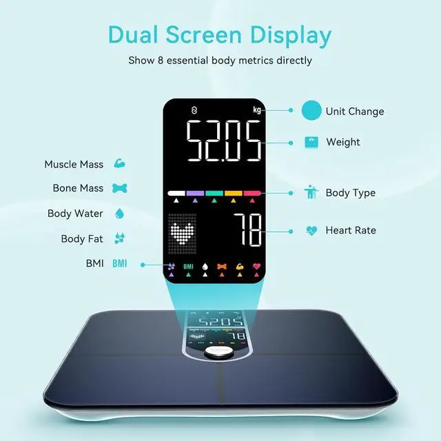 Alt view image 2 of 7 - Smart Scales for Body Weight, Dual Screen Display Digital Bathroom Scale High Accuracy Analyze 17 Body Composition Metrics Weight Watchers Scale for Body Weight Fat