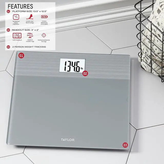 Alt view image 2 of 7 - Taylor Digital Wide Platform Bathroom Scale, Scale for Body Weight, Highly Accurate Weighing Machine, Battery Powered, FSA HSA Eligible, Highly Accurate, Measures Weight up to 500 lb Capacity, Gray