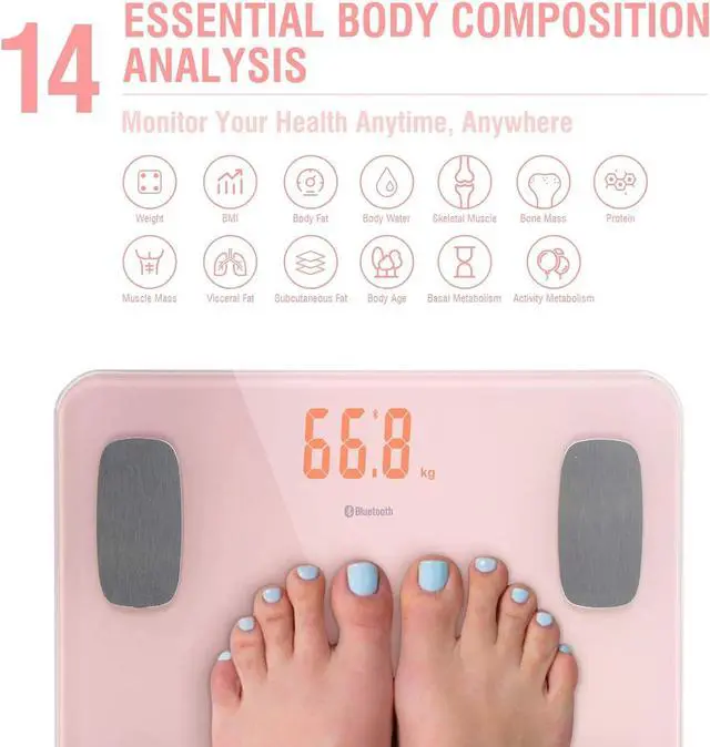 Alt view image 2 of 7 - himaly Body Fat Scale, Smart BMI Scale Digital Bathroom Wireless Weight Scale, Body Monitor Health Composition Analyzer with Smartphone App sync with Bluetooth-Compatible, 400 lbs - Pink