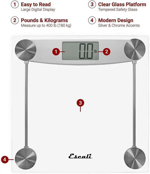 Alt view image 3 of 6 - Escali Digital Glass Bath Scale for Body Weight, Bathroom Body Scale, High Capacity of 400 lb, Battery Included, Clear Glass
