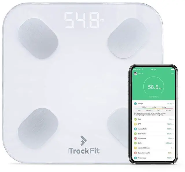 Main image of FitTrack Dara Smart BMI Digital Scale - Measure Weight and Body Fat - Most Accurate Bluetooth Glass Bathroom Scale (White)