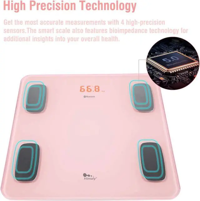 Alt view image 3 of 7 - himaly Body Fat Scale, Smart BMI Scale Digital Bathroom Wireless Weight Scale, Body Monitor Health Composition Analyzer with Smartphone App sync with Bluetooth-Compatible, 400 lbs - Pink