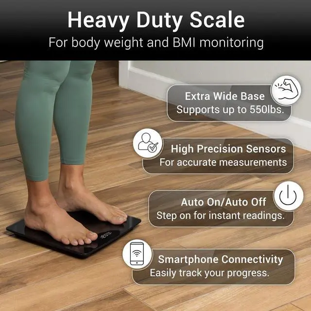 Alt view image 2 of 7 - Vive Smart Body Weight Scale (500lbs Capacity) - Heavy Duty Bariatric Digital Scale for BMI - Plus Size, Large Display - Bathroom Device for Health Extra Wide Base & Smartphone Connectivity