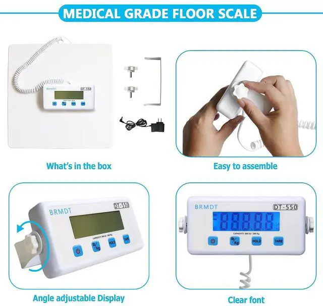 Alt view image 3 of 6 - Digital Scales for Body Weight Heavy Duty for Hospital & Physician Use, Large Digital Display and Base, Desktop & Suspended Display Screen with Bracket, Weigh Up to 660lbs/300kg (White, DT-550)
