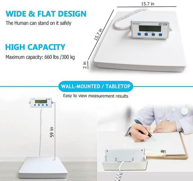 Alt view image 2 of 6 - Digital Scales for Body Weight Heavy Duty for Hospital & Physician Use, Large Digital Display and Base, Desktop & Suspended Display Screen with Bracket, Weigh Up to 660lbs/300kg (White, DT-550)