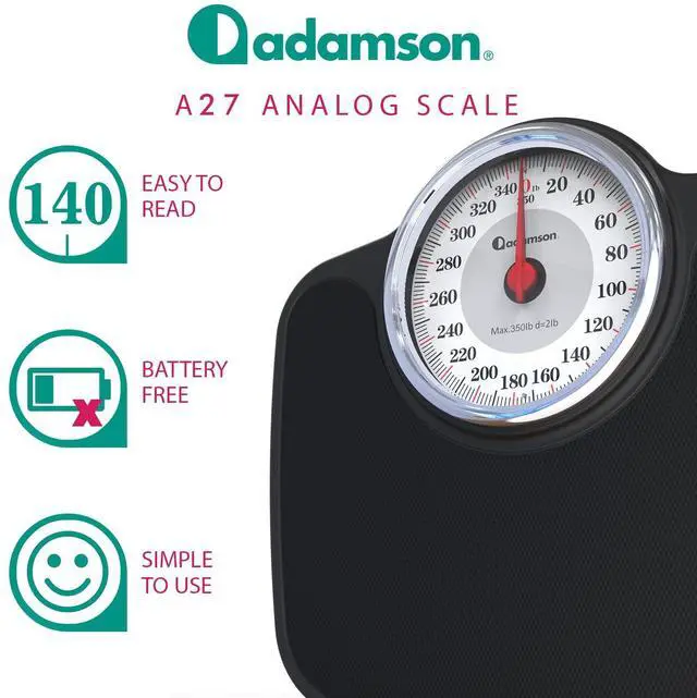 Alt view image 2 of 7 - Adamson A27 Oversize Scales for Body Weight - Up to 350 lb - New - Anti-Skid Rubber Surface Extra Large Numbers - High Precision Bathroom Scale Analog - Durable with 20-Year Assurance