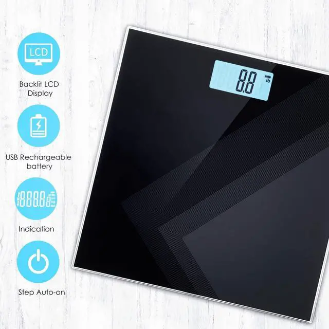 Alt view image 2 of 6 - Uten Digital Weight Scale, USB Charging Bathroom Weight Scale, Three-Color LCD Back Light Display, Slim Design, 400Ibs/180kg, 6mm Tempered Glass (Black)