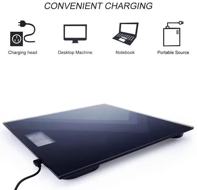 Alt view image 6 of 6 - Uten Digital Weight Scale, USB Charging Bathroom Weight Scale, Three-Color LCD Back Light Display, Slim Design, 400Ibs/180kg, 6mm Tempered Glass (Black)