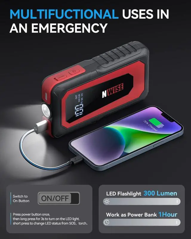 Alt view image 2 of 7 - Car Jump Starter, 2000A Peak 20000mAh Portable Battery Starter (Up to 8.0L Gas or 7.0L Diesel Engine) with Smart Safety Jumper Clamps,12V Jump Boxes with Dual USB Quick Charge 3.0, LED Light