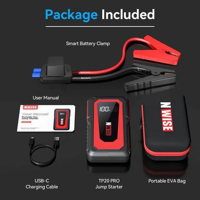 Alt view image 7 of 7 - Car Jump Starter, 2000A Peak 20000mAh Portable Battery Starter (Up to 8.0L Gas or 7.0L Diesel Engine) with Smart Safety Jumper Clamps,12V Jump Boxes with Dual USB Quick Charge 3.0, LED Light