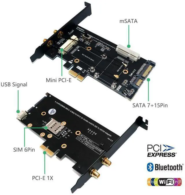 Alt view image 3 of 6 - PCI-E WiFi Adapter Mini PCI-E to PCI-E Network Card mSATA SSD to SATA 2.5 Adapter with SIM Card Slot for 3G/4G/LTE Wi Fi Adapter