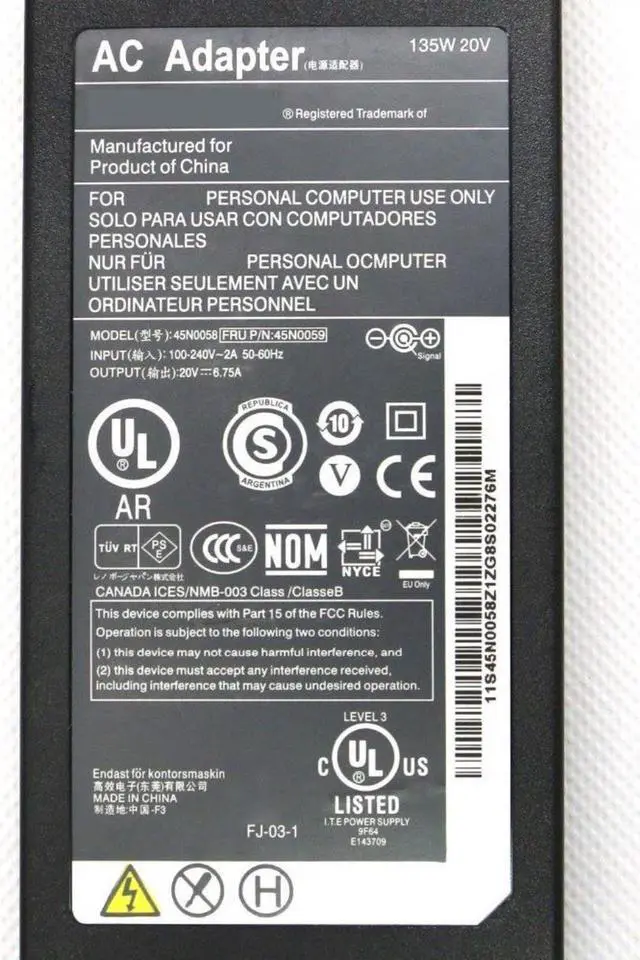 Alt view image 2 of 3 - Fit for 45N0059 20V 6.75A 7.95.5 135W AC Adapter Charger Laptop for Lenovo ThinkPad T430s T510 T530 T520 T520i W510