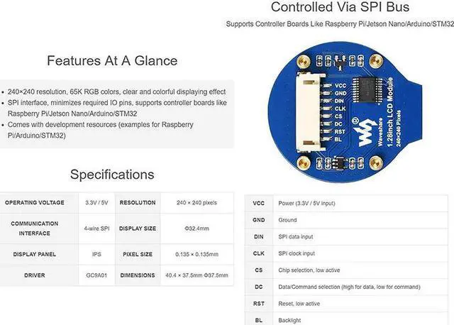 Alt view image 3 of 4 - Waveshare 1.28Inch Round LCD Display Module,65K RGB Colors,240X240 Resolution,SPI Interface,Support for Raspberry Pi Etc