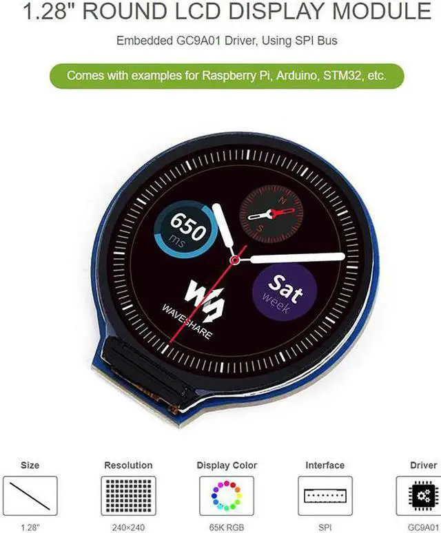 Alt view image 2 of 4 - Waveshare 1.28Inch Round LCD Display Module,65K RGB Colors,240X240 Resolution,SPI Interface,Support for Raspberry Pi Etc