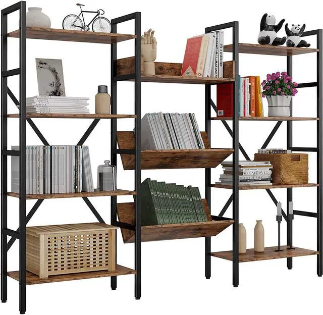 Main image of IRONCK Bookcases and Bookshelves 4 Tiers Industrial Triple Bookshelf, Large Record Player Shleves with Metal Frame for Living Room Bedroom Home Office