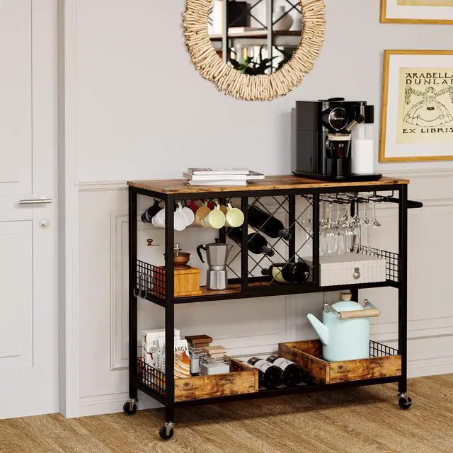 Alt view image 3 of 7 - IRONCK Wine Rack Table, Industrial Bar Cart on Wheels Kitchen Storage Cart for The Home Wood and Metal Frame, Vintage Brown