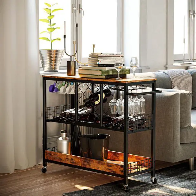 Alt view image 4 of 7 - IRONCK Wine Rack Table, Industrial Bar Cart on Wheels Kitchen Storage Cart for The Home Wood and Metal Frame, Vintage Brown