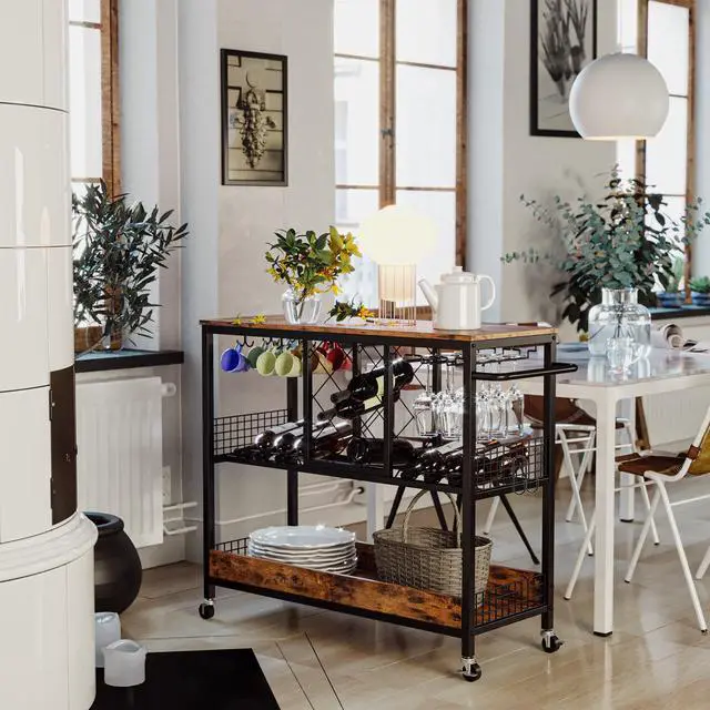 Alt view image 2 of 7 - IRONCK Wine Rack Table, Industrial Bar Cart on Wheels Kitchen Storage Cart for The Home Wood and Metal Frame, Vintage Brown