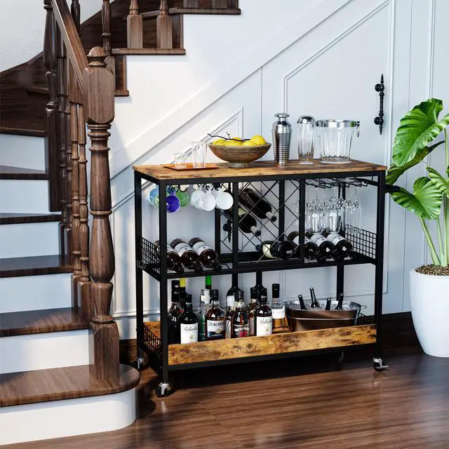 Alt view image 3 of 7 - IRONCK Wine Rack Table, Industrial Bar Cart on Wheels Kitchen Storage Cart for The Home Wood and Metal Frame, Vintage Brown