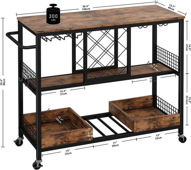 Alt view image 7 of 7 - IRONCK Wine Rack Table, Industrial Bar Cart on Wheels Kitchen Storage Cart for The Home Wood and Metal Frame, Vintage Brown