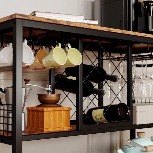Alt view image 6 of 7 - IRONCK Wine Rack Table, Industrial Bar Cart on Wheels Kitchen Storage Cart for The Home Wood and Metal Frame, Vintage Brown